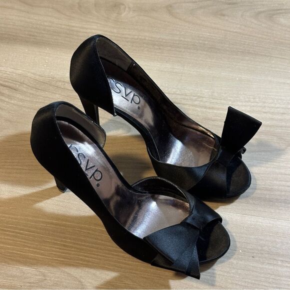 rsvp Black Satin Open-Toe Pumps Heels with Bow Size 7 - Picture 12 of 12